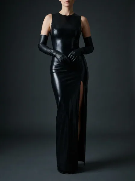 A black leather gown and long gloves from the Wardrobe outfit catalog
